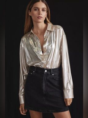 Anthropologie The Gillian Liquid Shine Buttondown Shirt Size XS Champagne Colour